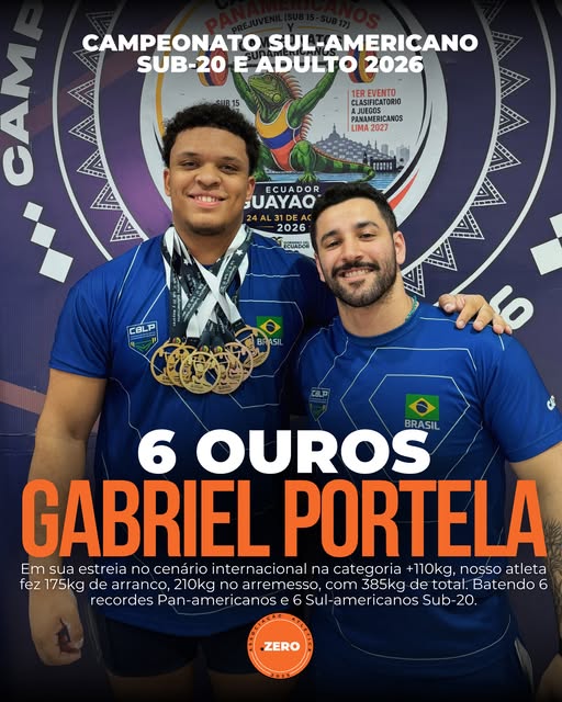 Arte original da AAPZ: seis ouros de Gabriel Portela no Campeonato Sul-Americano Sub-20 e Adulto de 2026